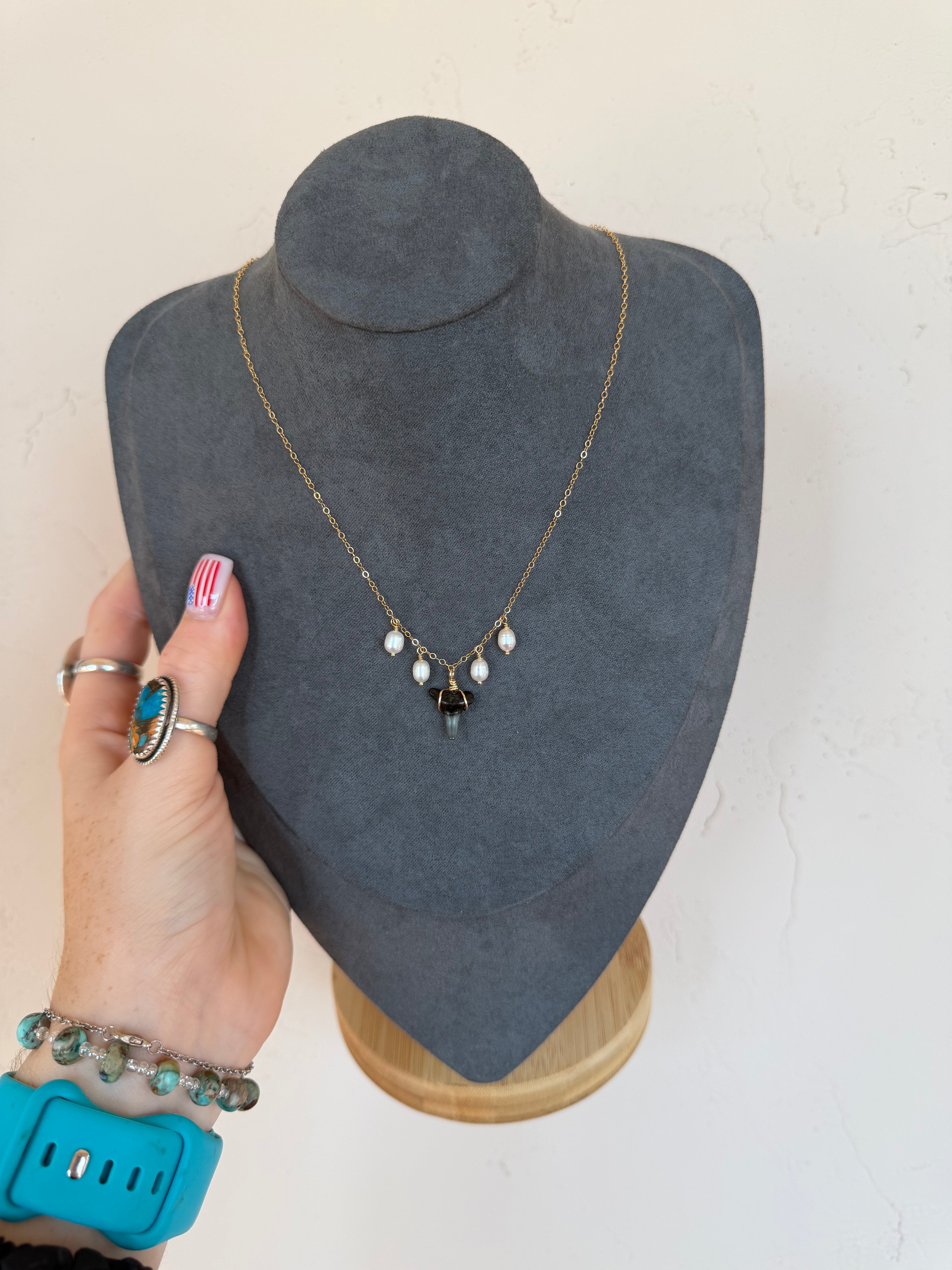 14k Gold Freshwater Pearl Shark Tooth Necklace