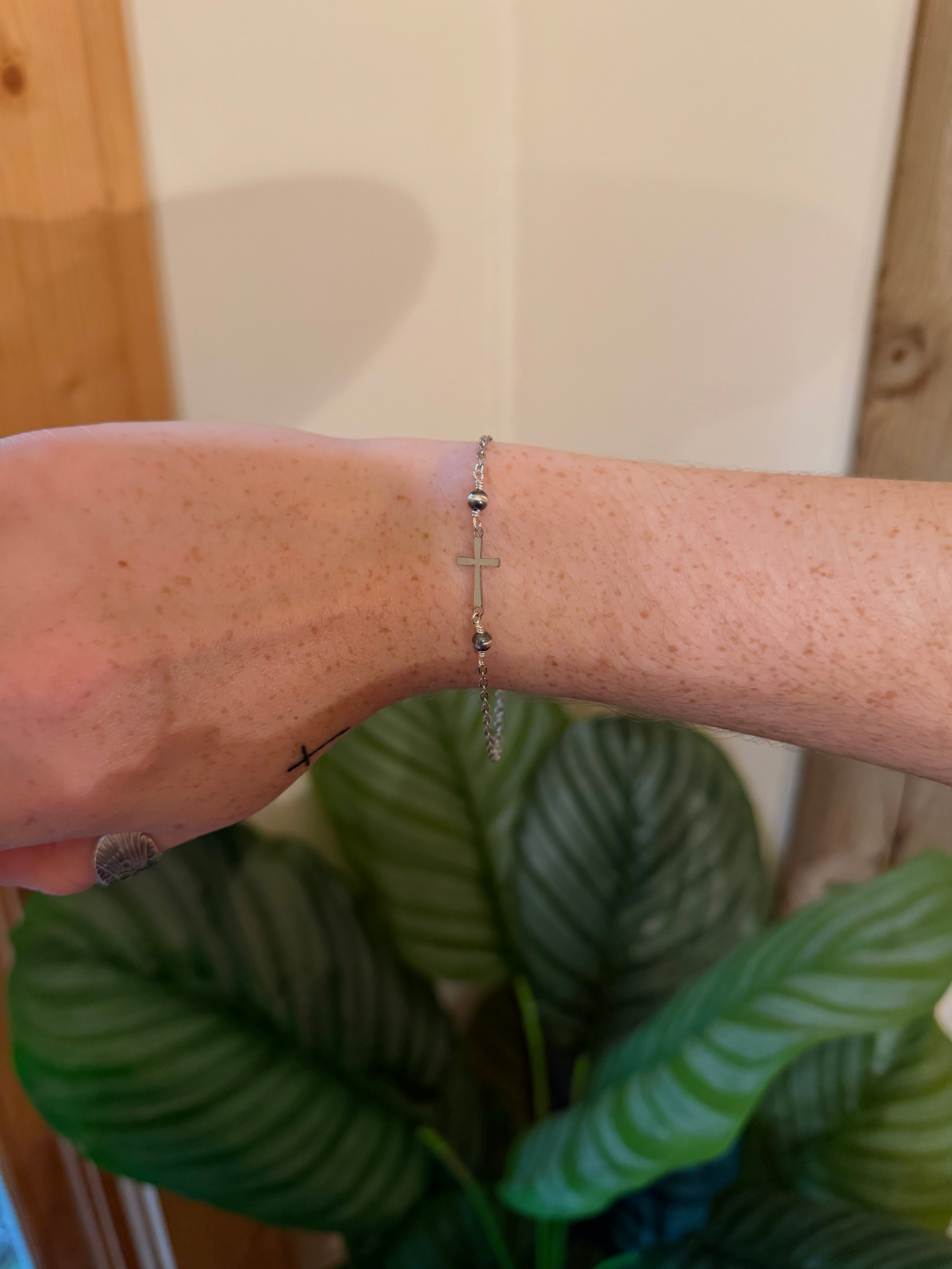Cross And 4mm Sterling Pearl Bracelet