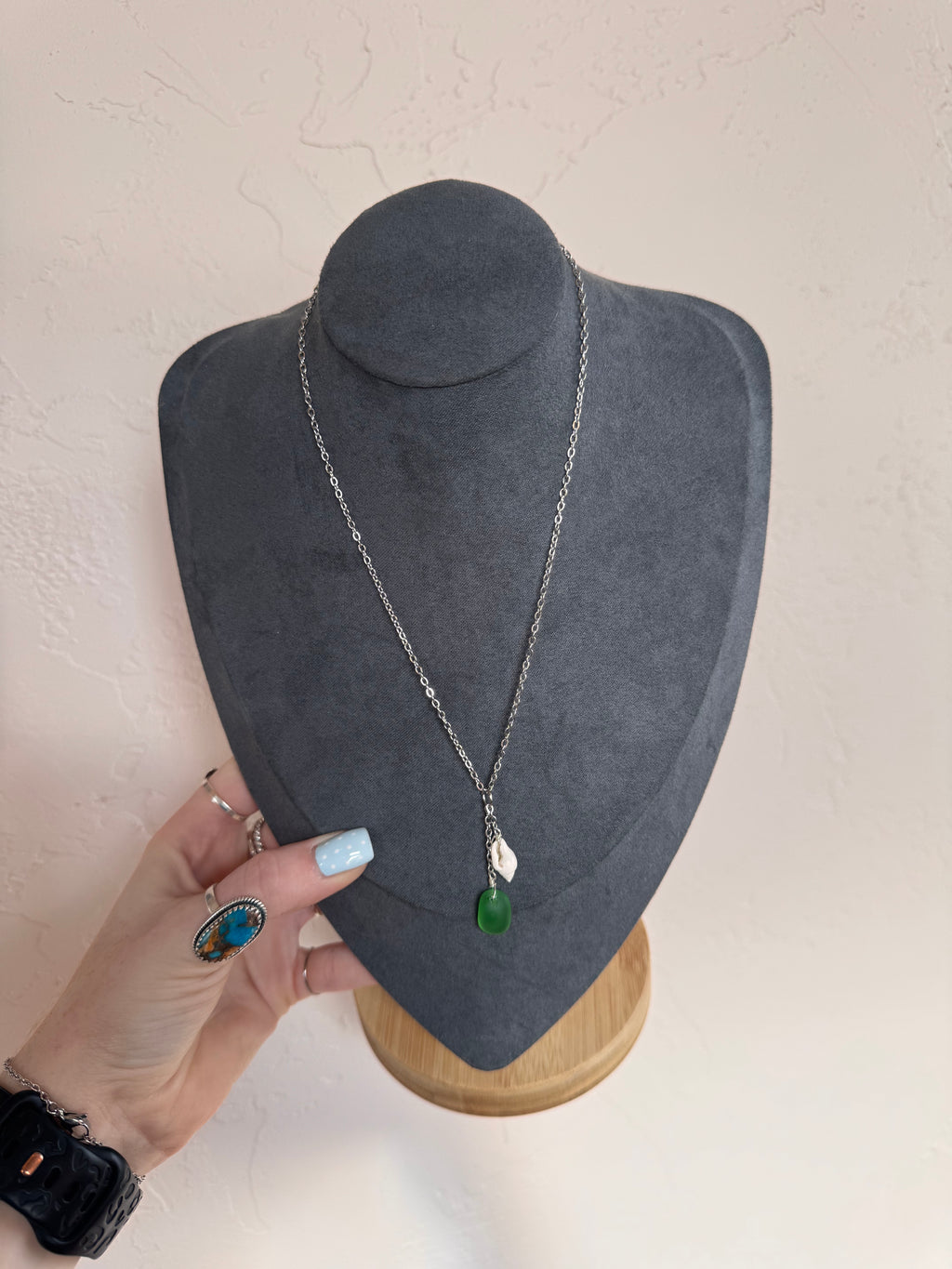 Green Sea Glass Shell Double Drop Necklace