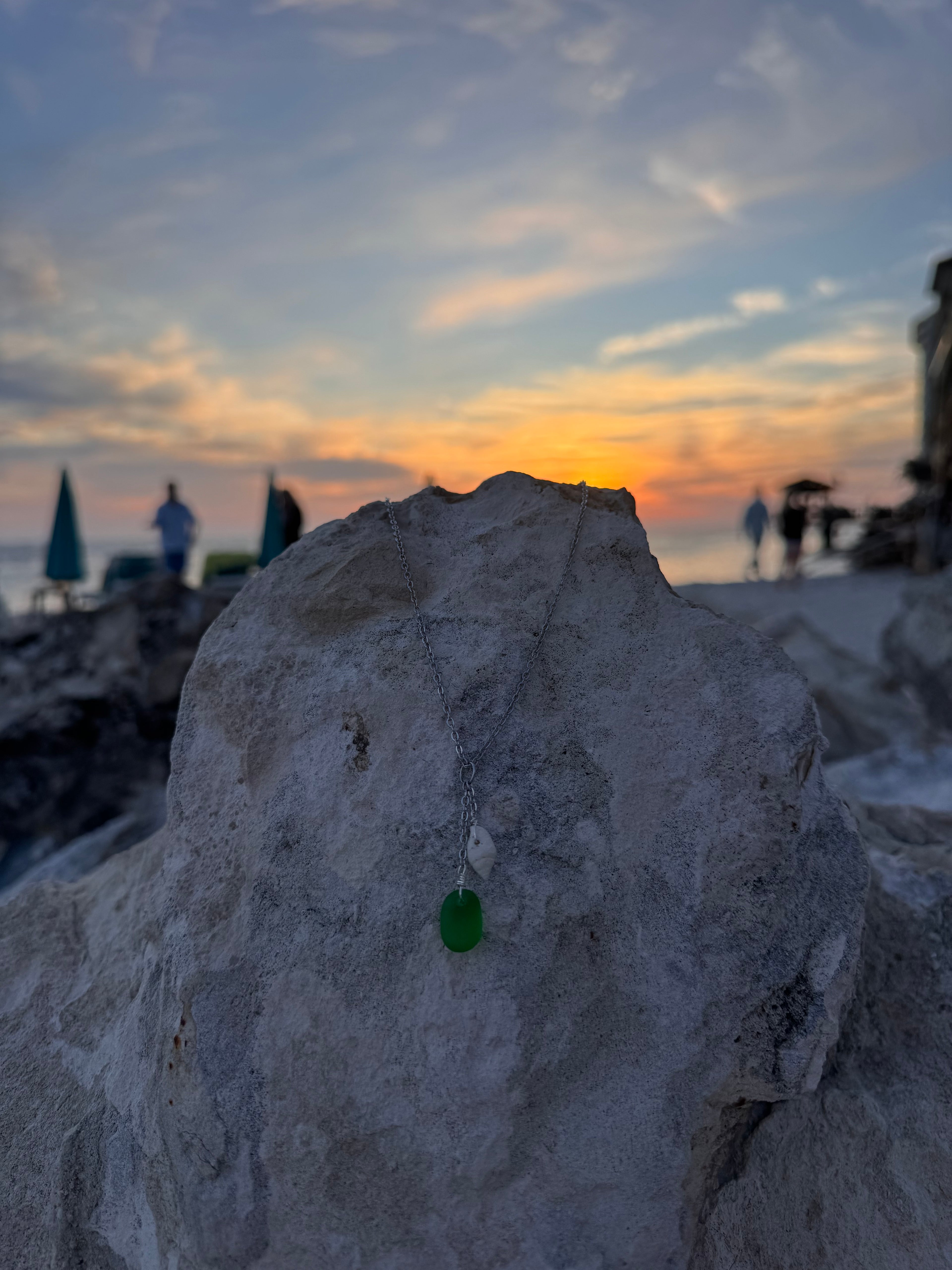 Green Sea Glass Shell Double Drop Necklace