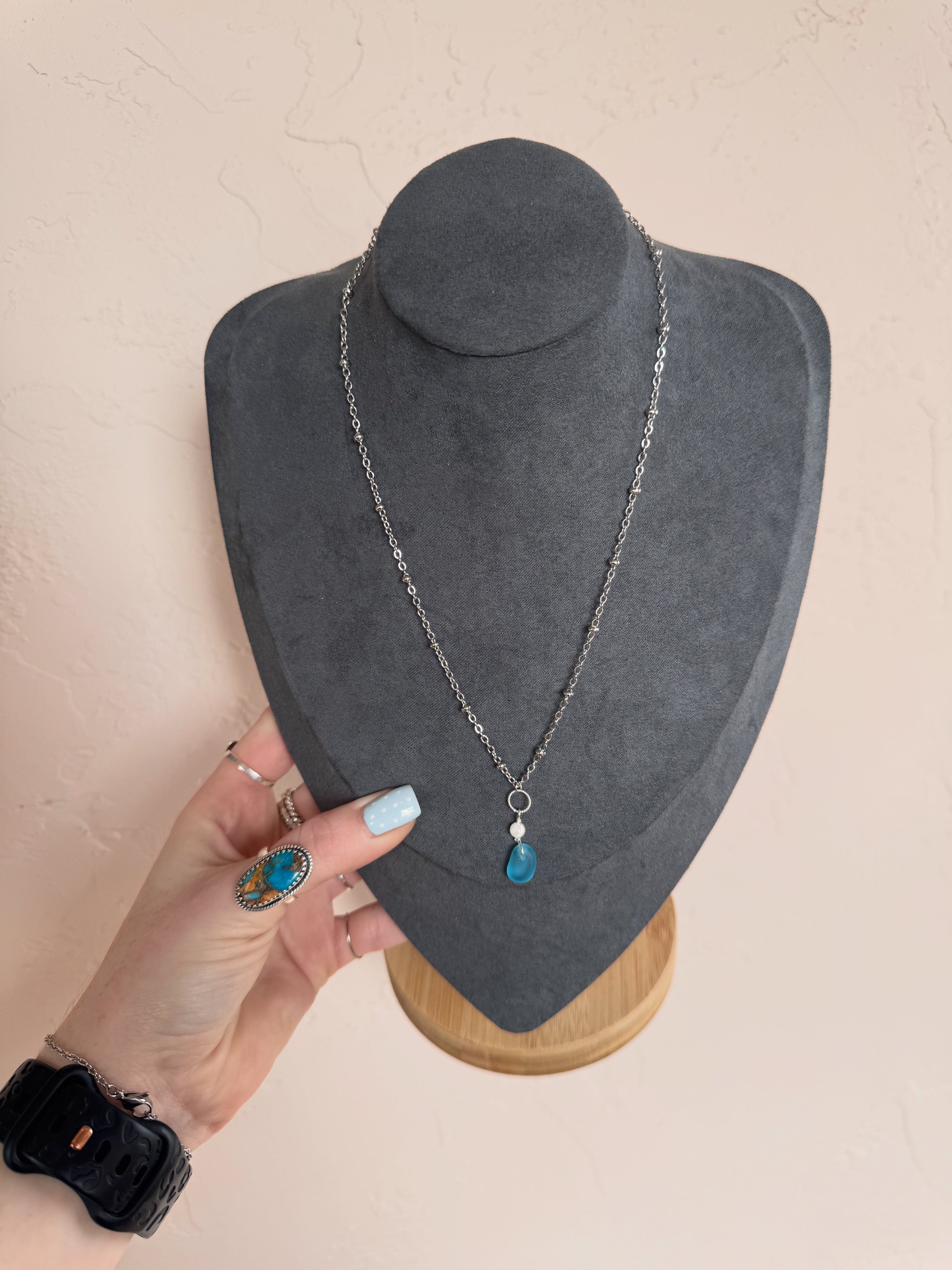 Blue Sea Glass and Freshwater Pearl Necklace