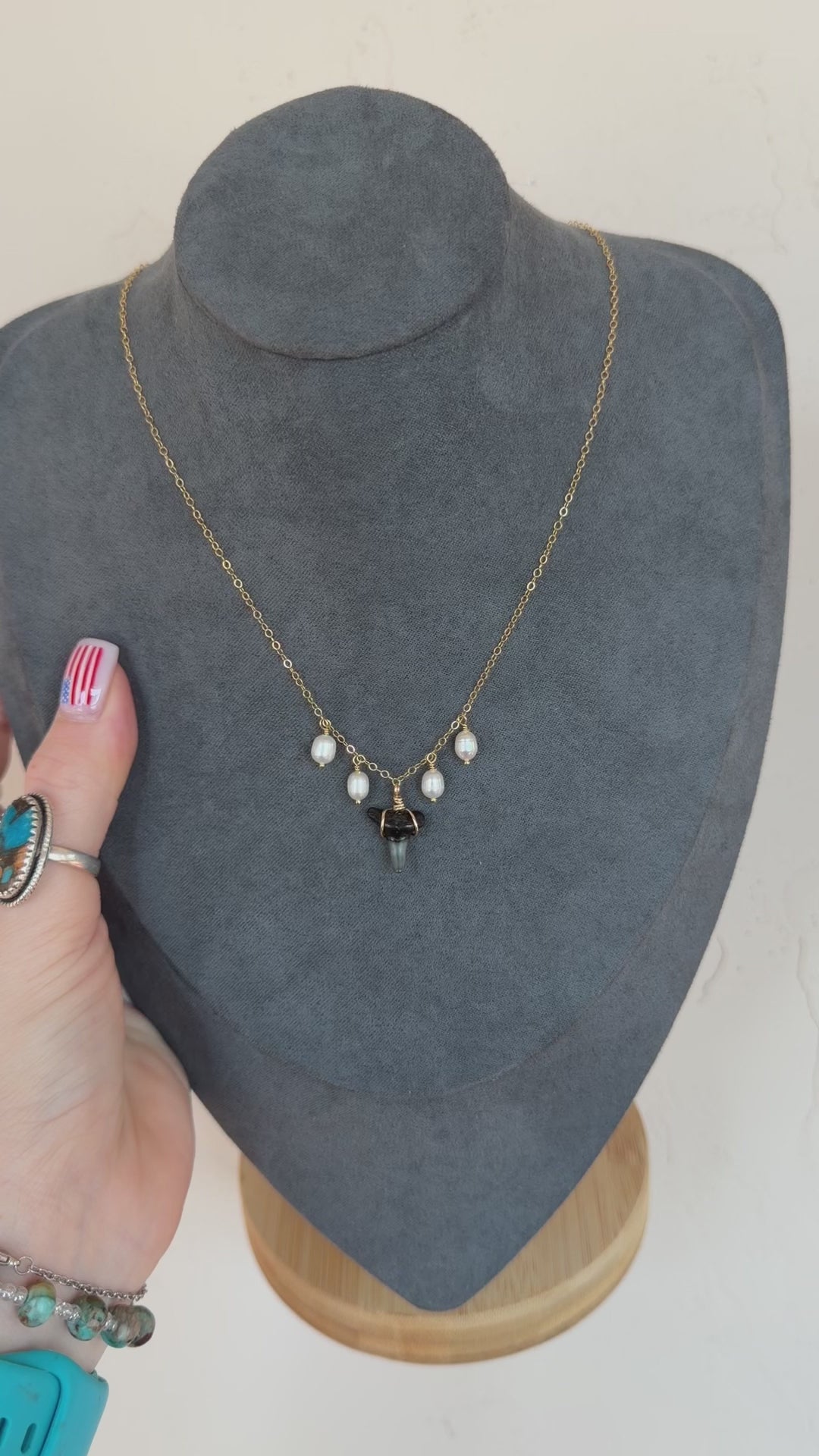 14k Gold Freshwater Pearl Shark Tooth Necklace